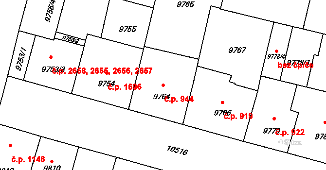 Jižní Předměstí 944, Plzeň na parcele st. 9764 v KÚ Plzeň, Katastrální mapa