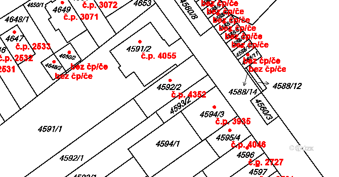 Židenice 4352, Brno na parcele st. 4592/2 v KÚ Židenice, Katastrální mapa