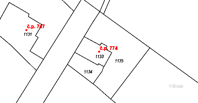 Šluknov 774 na parcele st. 1133 v KÚ Šluknov, Katastrální mapa