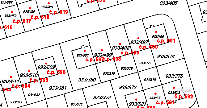 Satalice 598, Praha na parcele st. 933/499 v KÚ Satalice, Katastrální mapa
