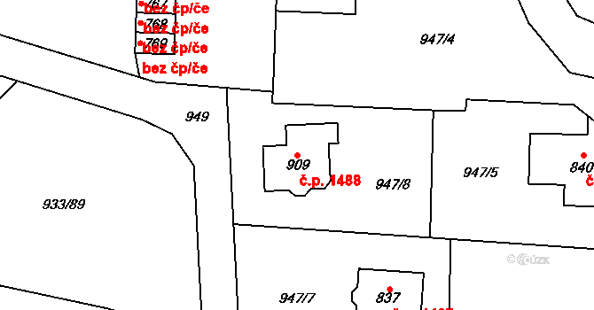 Vrchlabí 1488 na parcele st. 909 v KÚ Podhůří-Harta, Katastrální mapa