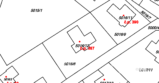 Lískovec 387, Frýdek-Místek na parcele st. 5016/12 v KÚ Lískovec u Frýdku-Místku, Katastrální mapa