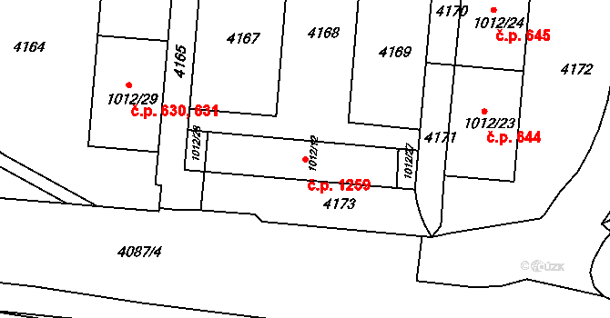 Komín 1259, Brno na parcele st. 1012/12 v KÚ Komín, Katastrální mapa