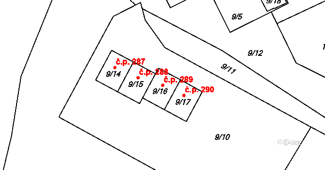 Chuchelná 289 na parcele st. 9/16 v KÚ Chuchelná, Katastrální mapa