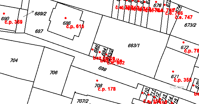 Děčín 47245417 na parcele st. 684 v KÚ Podmokly, Katastrální mapa