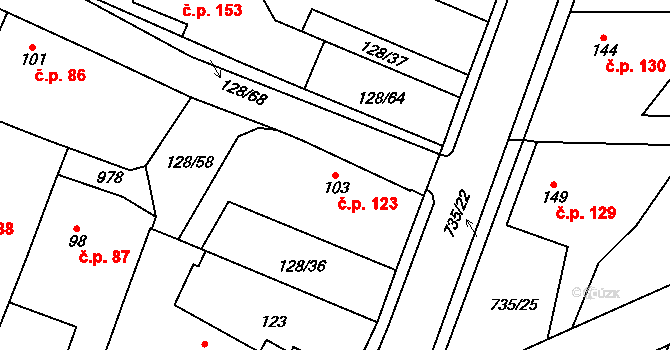 Tuněchody 123 na parcele st. 103 v KÚ Tuněchody, Katastrální mapa