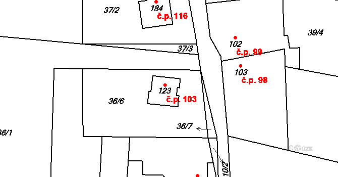 Kozomín 103 na parcele st. 123 v KÚ Kozomín, Katastrální mapa