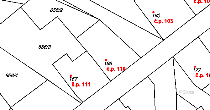 Hornická Čtvrť 110, Chvaletice na parcele st. 166 v KÚ Chvaletice, Katastrální mapa