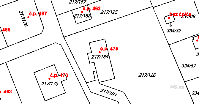 Liberec XIX-Horní Hanychov 475, Liberec na parcele st. 217/185 v KÚ Horní Hanychov, Katastrální mapa