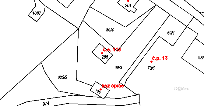 Vraclávek 113, Hošťálkovy na parcele st. 205 v KÚ Vraclávek, Katastrální mapa