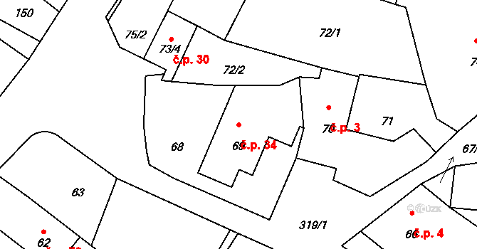 Jestřabí 34, Fulnek na parcele st. 69 v KÚ Jestřabí u Fulneku, Katastrální mapa