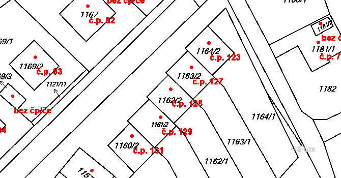 Kopřivnice 128 na parcele st. 1162/2 v KÚ Kopřivnice, Katastrální mapa