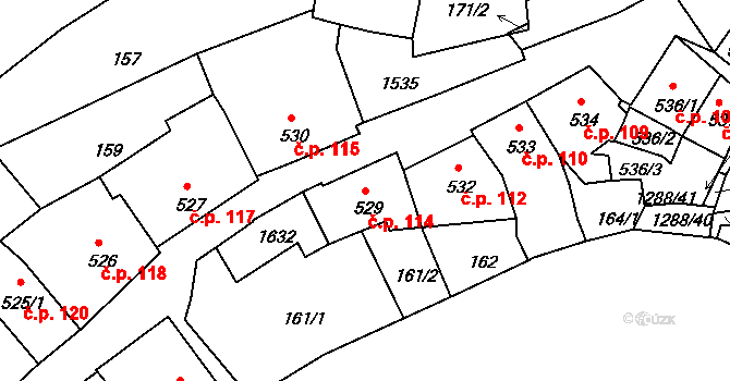 Plešivec 114, Český Krumlov na parcele st. 529 v KÚ Český Krumlov, Katastrální mapa