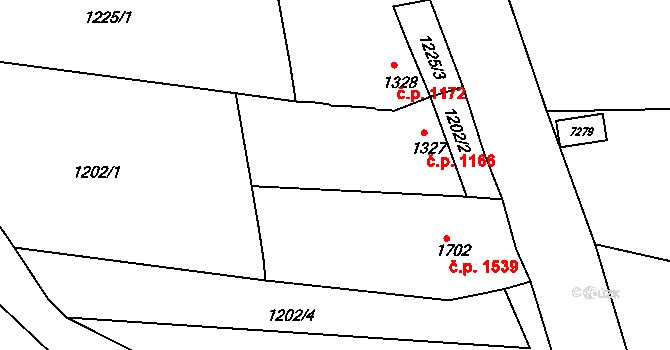 Žatec 1166 na parcele st. 1327 v KÚ Žatec, Katastrální mapa