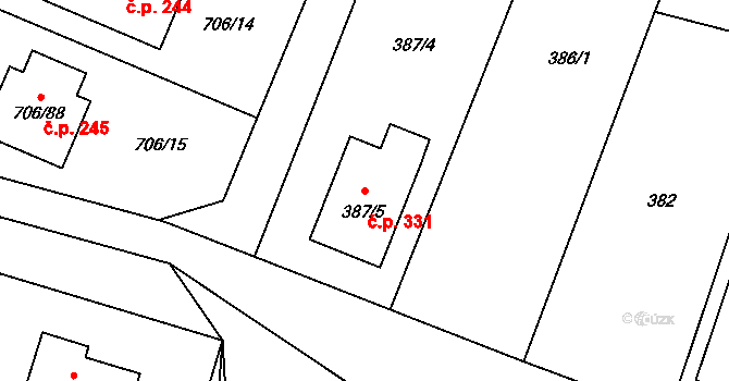 Vrbovec 331 na parcele st. 387/5 v KÚ Vrbovec, Katastrální mapa