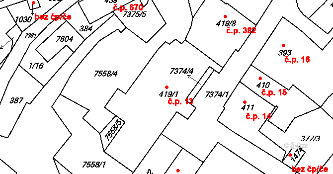 Telč-Podolí 13, Telč na parcele st. 419/1 v KÚ Telč, Katastrální mapa