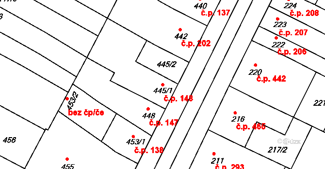Hrušovany u Brna 148 na parcele st. 445/1 v KÚ Hrušovany u Brna, Katastrální mapa