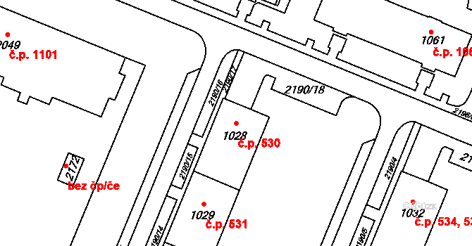 Kyjov 530 na parcele st. 1028 v KÚ Kyjov, Katastrální mapa