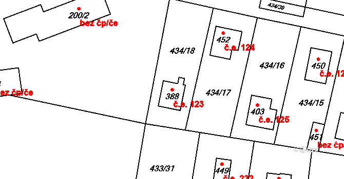 Třtice 123 na parcele st. 388 v KÚ Třtice u Nového Strašecí, Katastrální mapa