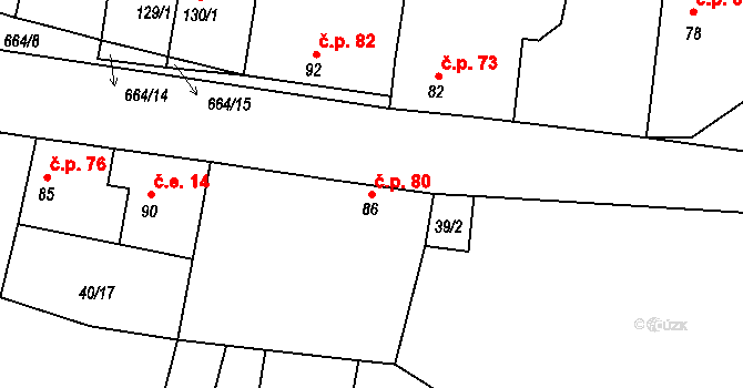 Podbradec 80, Mšené-lázně na parcele st. 86 v KÚ Podbradec, Katastrální mapa