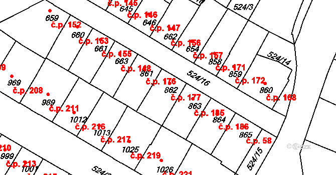 Stařečka 177, Třebíč na parcele st. 862 v KÚ Třebíč, Katastrální mapa