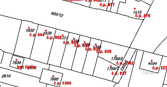 Horka-Domky 635, Třebíč na parcele st. 1729 v KÚ Třebíč, Katastrální mapa