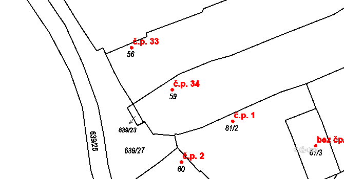 Žichov 34, Měrunice na parcele st. 59 v KÚ Žichov, Katastrální mapa
