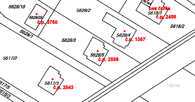 Frýdek 2558, Frýdek-Místek na parcele st. 5628/5 v KÚ Frýdek, Katastrální mapa