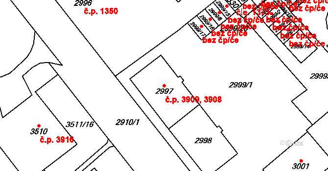 Chomutov 3908,3909 na parcele st. 2997 v KÚ Chomutov I, Katastrální mapa