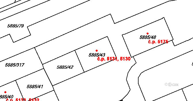 Chomutov 5130,5131 na parcele st. 5885/42 v KÚ Chomutov I, Katastrální mapa