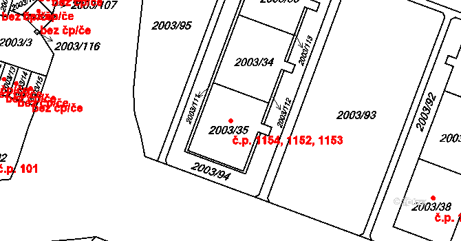 Doubravka 1152,1153,1154, Plzeň na parcele st. 2003/35 v KÚ Doubravka, Katastrální mapa