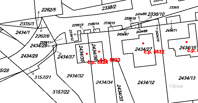 Chomutov 5823 na parcele st. 2434/36 v KÚ Chomutov II, Katastrální mapa
