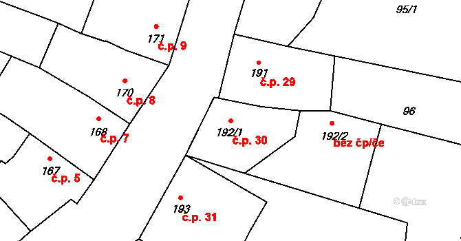 Miličín 30 na parcele st. 192/1 v KÚ Miličín, Katastrální mapa