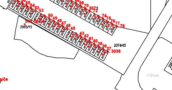 Brňany 40, Vyškov na parcele st. 2074/40 v KÚ Vyškov, Katastrální mapa