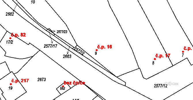 Hrádek na Vlárské dráze 16, Slavičín na parcele st. 9 v KÚ Hrádek na Vlárské dráze, Katastrální mapa