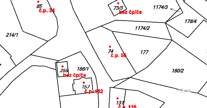 Arnoltice 56 na parcele st. 74 v KÚ Arnoltice, Katastrální mapa