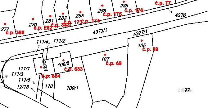 Veselí nad Lužnicí I 69, Veselí nad Lužnicí na parcele st. 107 v KÚ Veselí nad Lužnicí, Katastrální mapa