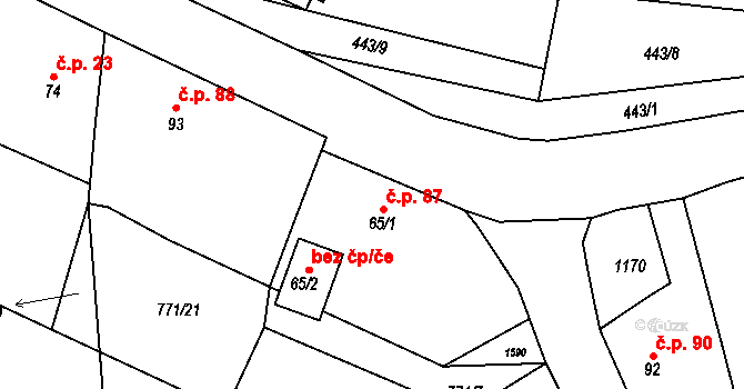 Příkosice 87 na parcele st. 65/1 v KÚ Příkosice, Katastrální mapa