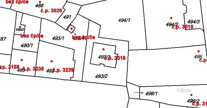 Boršov 3316, Kyjov na parcele st. 493/3 v KÚ Boršov u Kyjova, Katastrální mapa