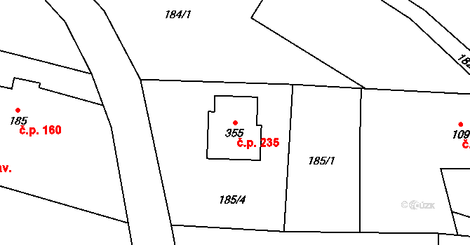 Tísek 235 na parcele st. 355 v KÚ Tísek, Katastrální mapa