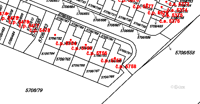 Jihlava 5757 na parcele st. 5706/785 v KÚ Jihlava, Katastrální mapa