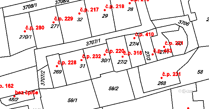 Žirovnice 220 na parcele st. 30/1 v KÚ Žirovnice, Katastrální mapa