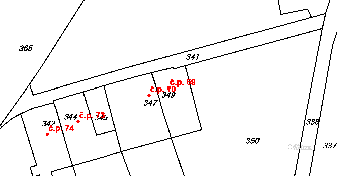 Malé Březno 69 na parcele st. 349 v KÚ Malé Březno nad Labem, Katastrální mapa