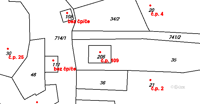 Lipovka 109, Rychnov nad Kněžnou na parcele st. 205 v KÚ Lipovka u Rychnova nad Kněžnou, Katastrální mapa