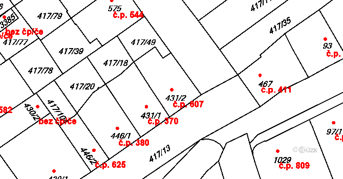 Bystřice pod Hostýnem 607 na parcele st. 431/2 v KÚ Bystřice pod Hostýnem, Katastrální mapa