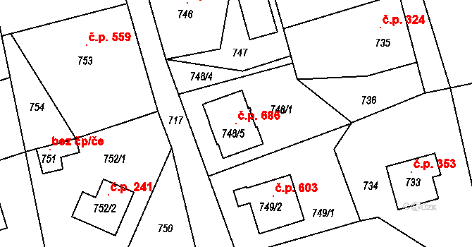 Jablůnka 686 na parcele st. 748/5 v KÚ Jablůnka, Katastrální mapa