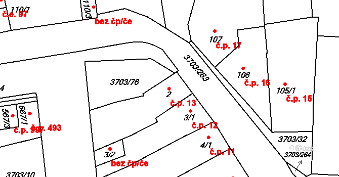 Dobřany 13 na parcele st. 2 v KÚ Dobřany, Katastrální mapa