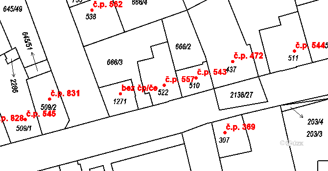 Lišov 557 na parcele st. 522 v KÚ Lišov, Katastrální mapa