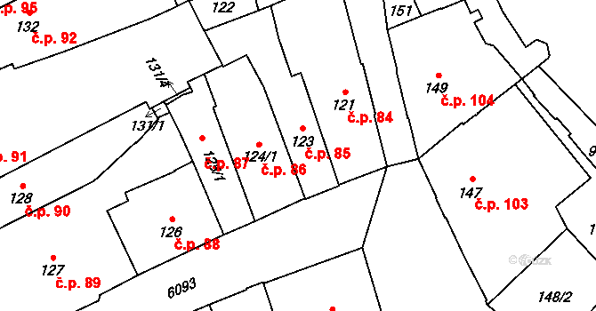Jihlava 85 na parcele st. 123 v KÚ Jihlava, Katastrální mapa