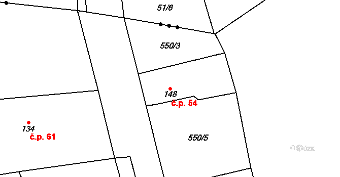 Charvatce 54 na parcele st. 148 v KÚ Charvatce u Jabkenic, Katastrální mapa